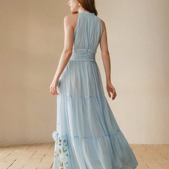 Baby Blue Boho Women's Ruched Halter Neck 3d Floral Dress - Picture 2 of 6